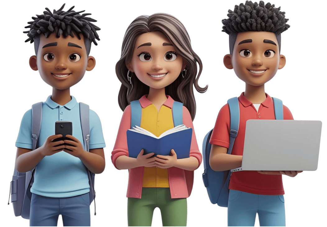 teenagers with a book, phone and laptop